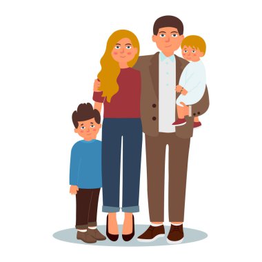 Mutlu, genç bir aile. Babam, annem ve iki oğlum birlikte. Çizgi film tarzında beyaz arkaplan üzerine vektör illüstrasyonu