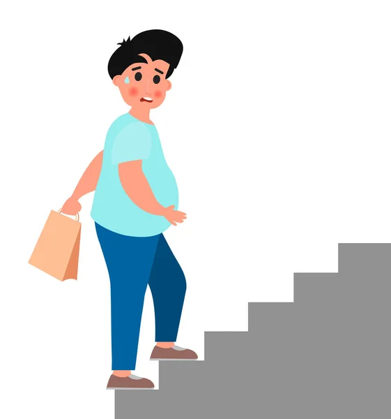 太った若い男が階段を上る 白い背景のベクトルイラスト — ストックベクタ