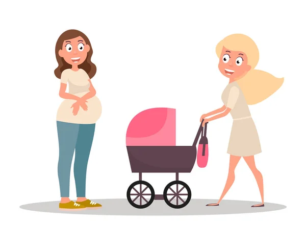妇女群体 妈妈把她的孩子推在推车里 年轻的女人带着小孩走在路上 病媒图解婴儿护理概念 — 图库矢量图片