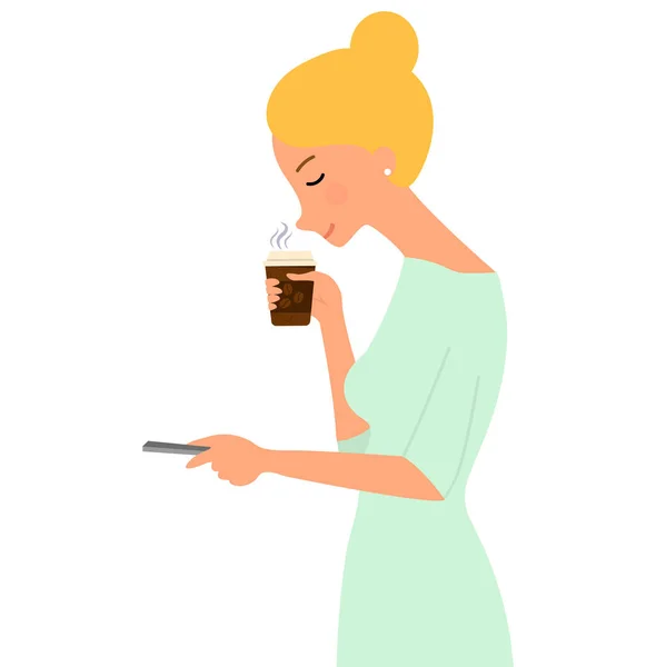 Ilustracja Pięknej Młodej Kobiety Która Lubi Zapach Kawy Wektor Ilustracja — Wektor stockowy