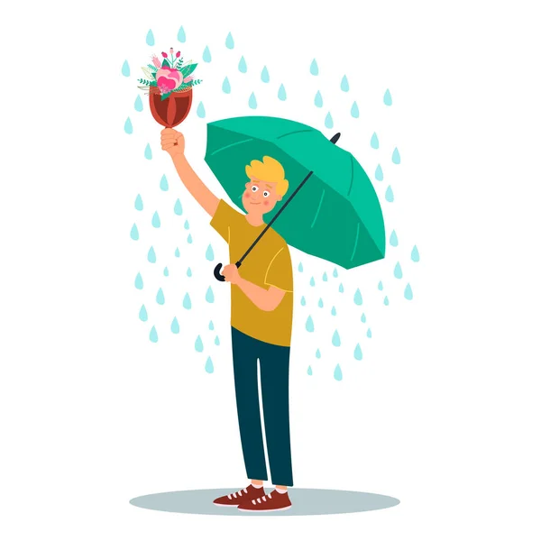 Young Man Character Hold Umbrella Bouquet Flowers Rain Vector Illustration — Stock Vector