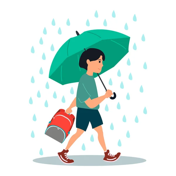 Young Boy Character Goes School Rain Vector Illustration White Background — Stock Vector