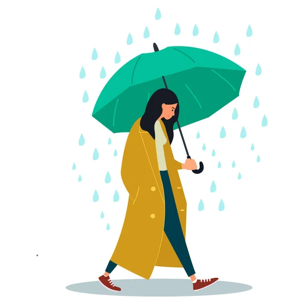 Young Woman Character Walking Umbrella Rain Vector Illustration White Background — Stock Vector