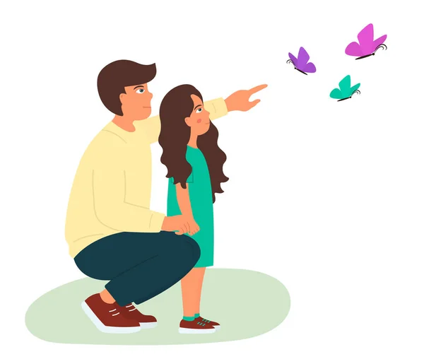 Concepto Familiar Papá Con Hija Observando Mariposas Ilustración Vectorial Sobre — Vector de stock