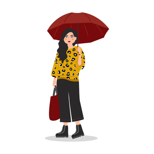 Personaje Mujer Joven Pie Con Paraguas Bajo Una Lluvia Ilustración — Vector de stock