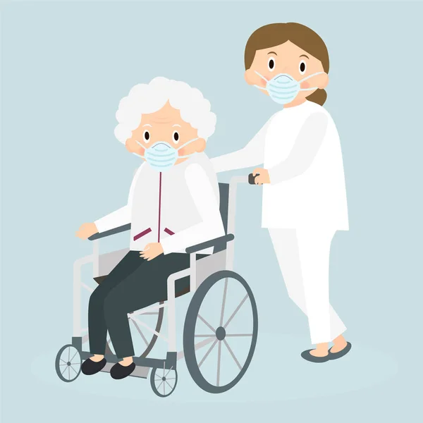 高齢者や医療マスクの医療従事者を無効にします 車椅子の高齢女性の障害者 特別なニーズの女性 高齢者介護 ベクターイラスト — ストックベクタ