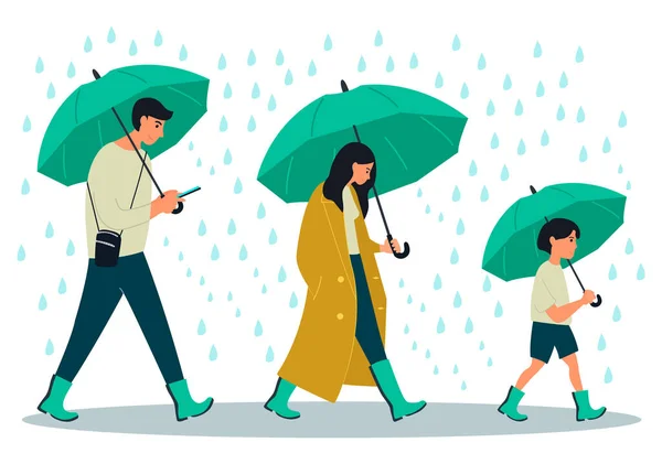 Los Jóvenes Carácter Caminando Con Sombrillas Bajo Una Lluvia Ilustración — Vector de stock