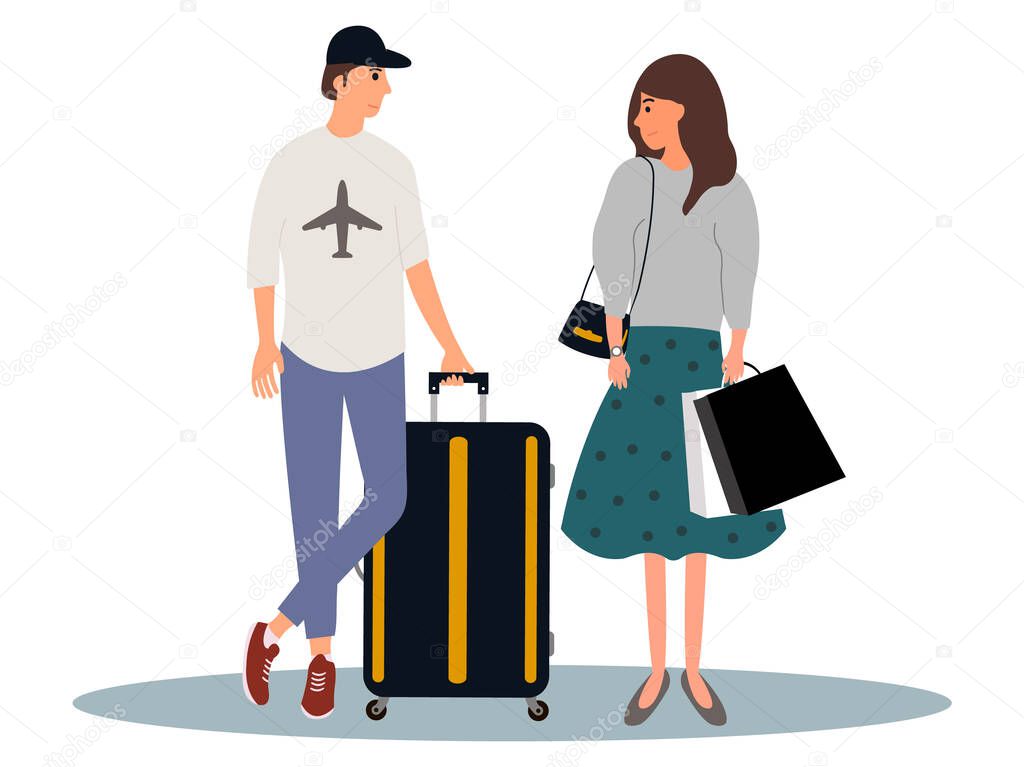 Tourists family. Young man and woman with a suitcase waiting their flight at the airport.Vector illustration on white background.