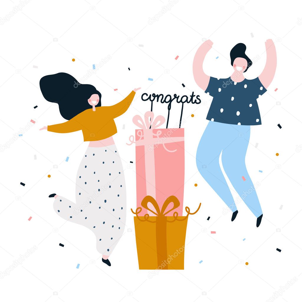 Happy cartoon character celebrating birthday, anniversary or holiday. Joyful jumping people wearing party hats. Vector illustration.