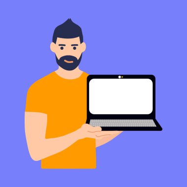 Genç adam dizüstü bilgisayar tutuyor ve işaret parmağını boş ekrana doğrultuyor. İlanınızı ya da diğer bilgilerinizi paylaşabileceğiniz bir yer. Reklamcılık.