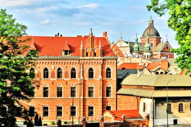 Polonya 'nın başkenti Krakw' daki Jagiellon Üniversitesi 'nin Collegium Novum Neo-Gotik tarihi binası..                                