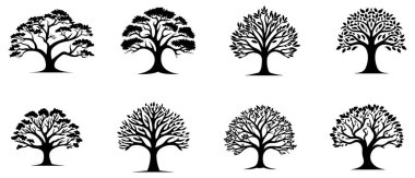 Ağaç simgesi beyaz arkaplanda izole edilmiş siyah ayarlandı. Vektör İllüstrasyonu.