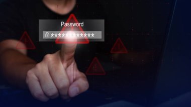 Siber güvenlik şifre koruması uyarısı ve parmak giriş uyarısını gösteriyor. Modern teknolojide dijital veri güvenliği, gizlilik riski, hack önleme, kimlik hırsızlığı ve çevrimiçi güvenlik kavramı.