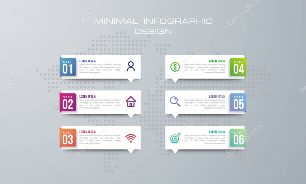 Infographic template with 6 options, workflow, process chart,Timeline infographics design vector and marketing icons can be used for workflow layout, diagram, annual report, web design, steps or processes. - Vector 