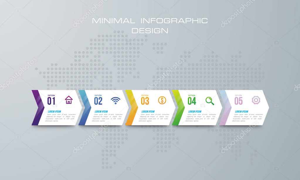 Infographic template with5 options, workflow, process chart,Timeline infographics design vector and marketing icons can be used for workflow layout, diagram, annual report, web design, steps or processes. - Vector 
