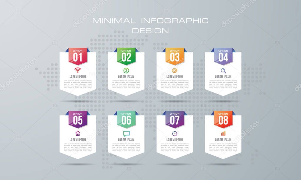 Infographic template with 8 options, workflow, process chart,Timeline infographics design vector and marketing icons can be used for workflow layout, diagram, annual report, web design, steps or processes. - Vector