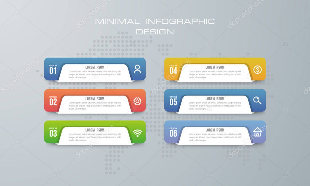 Infographic template with 6 options, workflow, process chart,Timeline infographics design vector can be used for workflow layout, diagram, annual report, web design, steps or processes. - Vector