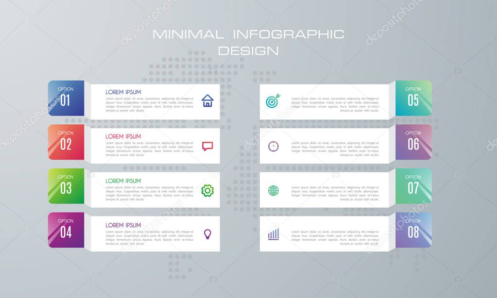 Infographic template with 8 options, workflow, process chart,Timeline infographics design vector and marketing icons can be used for workflow layout, diagram, annual report, web design, steps or processes. - Vector