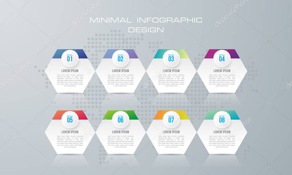 Infographic template with 8 options, workflow, process chart,Timeline infographics design vector can be used for workflow layout, diagram, annual report, web design, steps or processes. - Vector