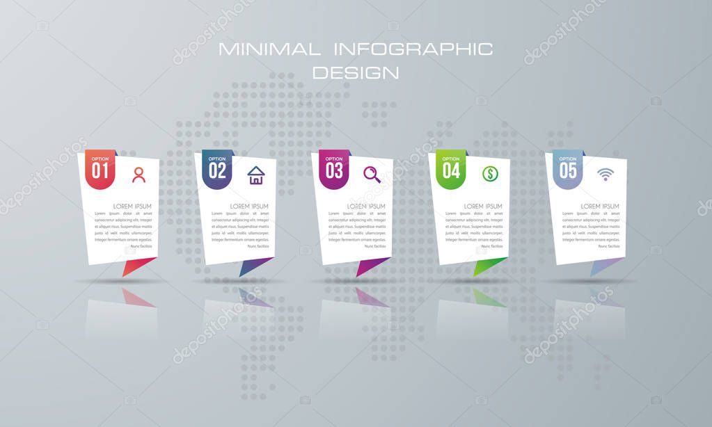 Infographic template with 5 options, workflow, process chart,Timeline infographics design vector can be used for workflow layout, diagram, annual report, web design, steps or processes. - Vector