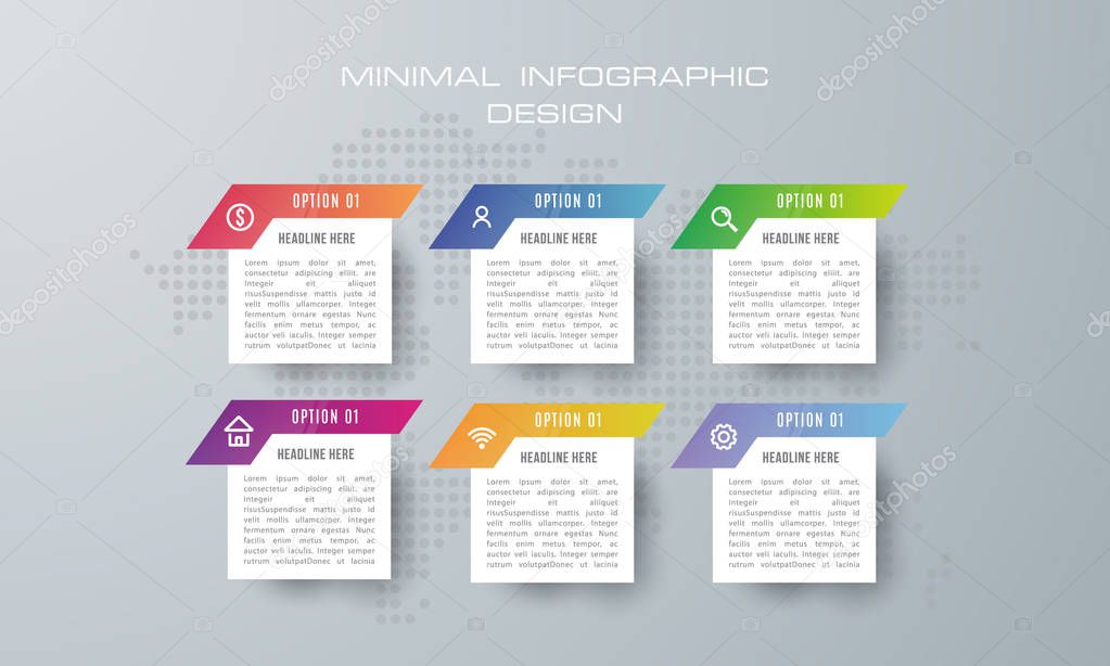 Infographic template with 6 options, workflow, process chart,Timeline infographics design vector can be used for workflow layout, diagram, annual report, web design, steps or processes. - Vector
