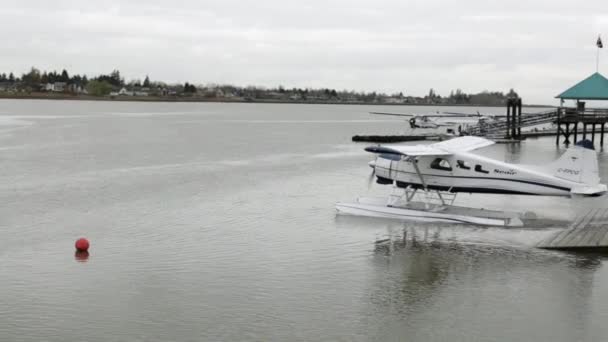 Wasserflugzeug, das sich auf der Oberfläche des Sees bewegt, bereitet sich darauf vor, aus dem Wasser zu ziehen — Stockvideo