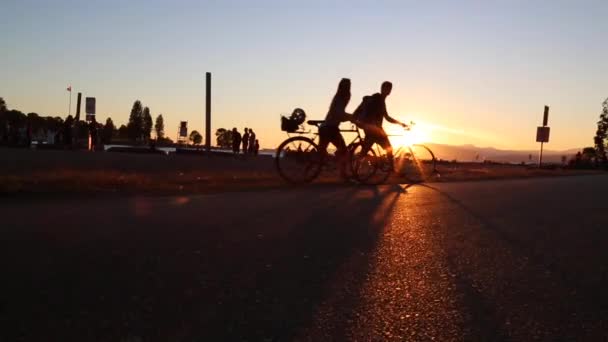 Genç çift bisiklet günbatımı plaj lens flare yürüyüş — Stok video