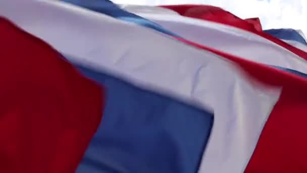 Wit rood blauwe vlaggen wuivende wind achtergrond close-up Russische nationale symbool — Stockvideo