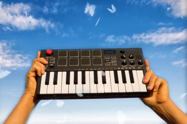 Eller müzik piyanosu arka planda gökyüzü kelebeklerini tutuyor — Stok video