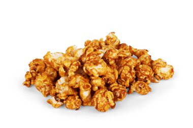 Beyaz arka planda karamel patlamış mısır