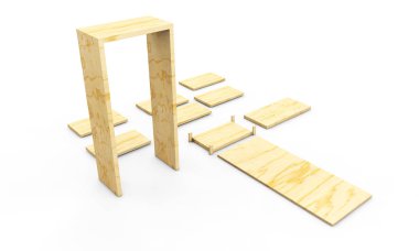 Ahşap raf arka plan üzerinde izole ayarlayın. 3D render