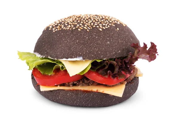 Черный Гамбургер Изолирован Белом Фоне — стоковое фото