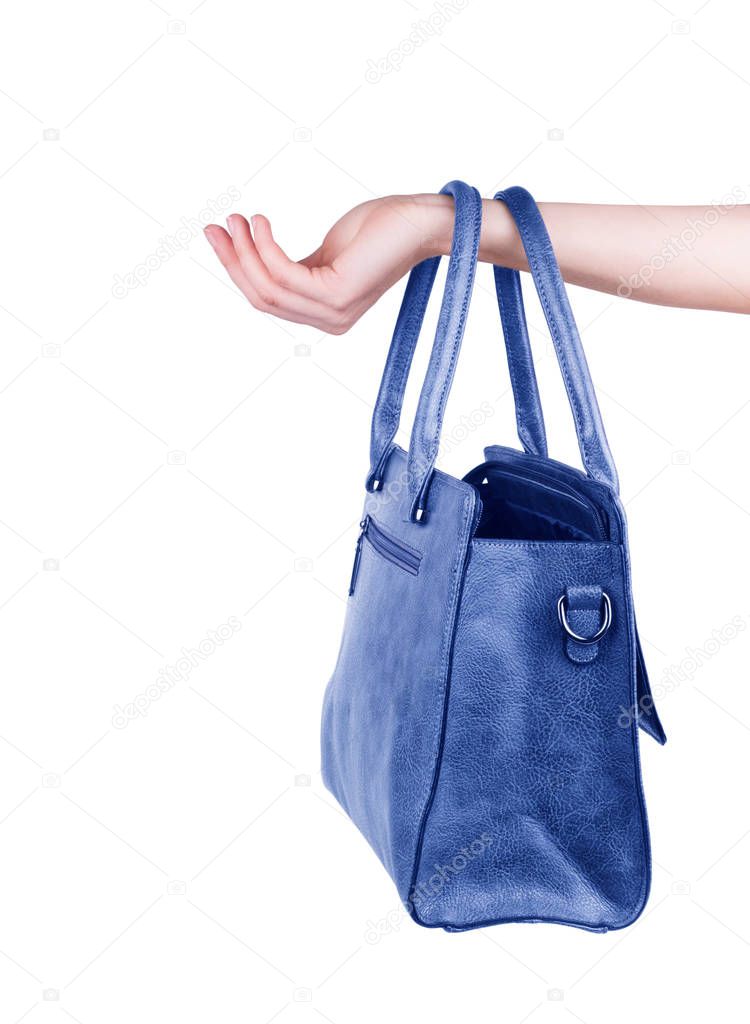 Woman hand hold hand bag isolated on white background