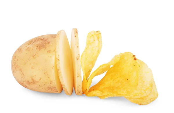 Картофельные Ломтики Превращающиеся Чипсы Белом Фоне — стоковое фото