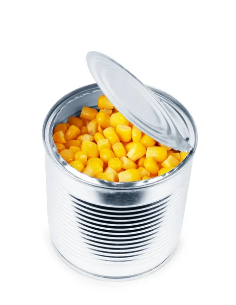 白い背景上のスズの缶のトウモロコシ — ストック写真