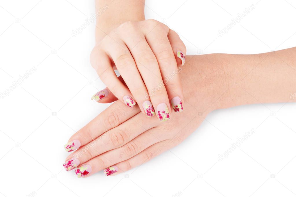  Beautiful manicure, nail gel with foil in matt top on a white background