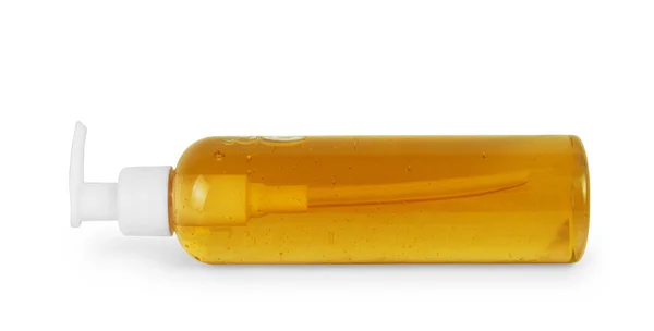 Garrafa Plástico Com Sabão Líquido Amarelo Sobre Fundo Branco — Fotografia de Stock