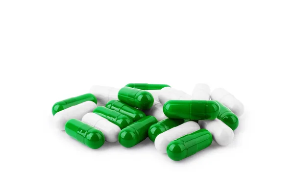 Bílá Zelená Tobolka Pilulek Bílém Pozadí — Stock fotografie
