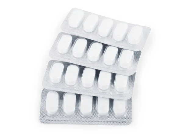 Halom Fehér Tabletták Közelről Fehér Háttér — Stock Fotó