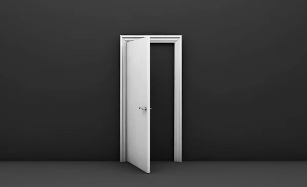 Open white door in a black empty room 3d render