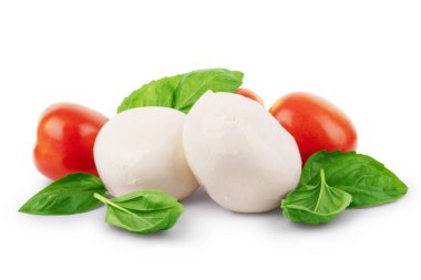 Kiraz domates ve fesleğen beyaz bir arka plan üzerinde mozzarella peyniri