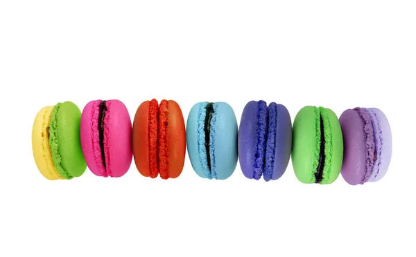 Kleurrijke Macarons Taarten Zoete Frans Bitterkoekjes Vliegen Beweging Een Witte — Stockfoto