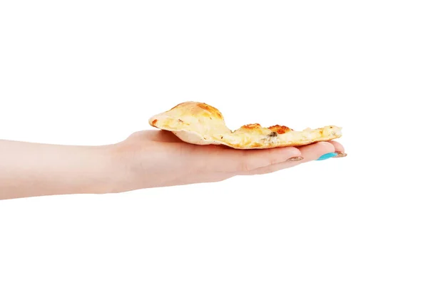 Slice Pizza Hand White Background — Stock Photo, Image