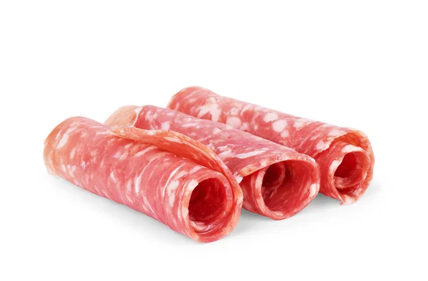 Fette Salame Secco Francese Stagionato Con Spezie Fondo Bianco — Foto Stock