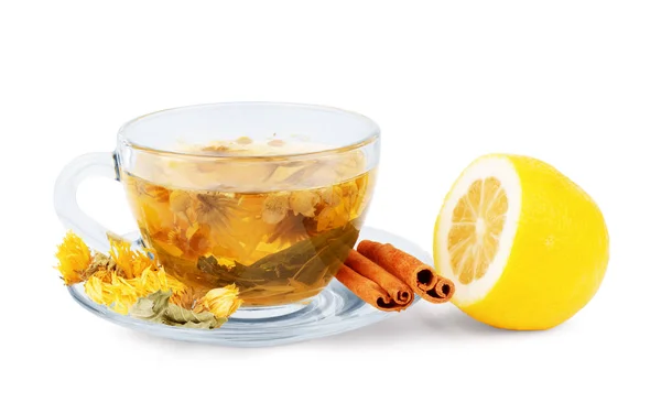 Ziołowa Herbata Kubku Cytryną Cynamon Białym Tle — Zdjęcie stockowe