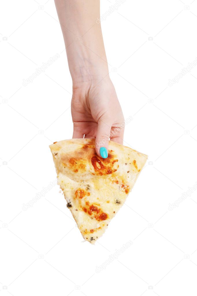 Slice of cheese pizza in hand on white background