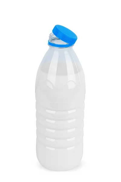 Milch Einer Plastikflasche Auf Weißem Hintergrund — Stockfoto