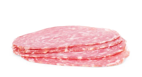 Tranches Saucisse Salami Sur Fond Blanc — Photo