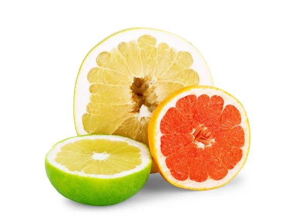 Elszigetelt Citrusfélék Narancs Rózsaszín Grapefruit Lime Citrom Gyümölcs Szelet Elszigetelt — Stock Fotó