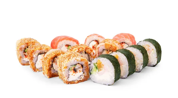 Sets Van Rollen Van Sushi Collage Veel Verschillende Een Witte — Stockfoto